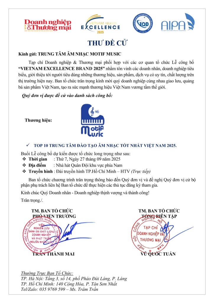 Thứ đề cử Trung Tâm Âm Nhạc tốt nhất Việt Nam Motif Music